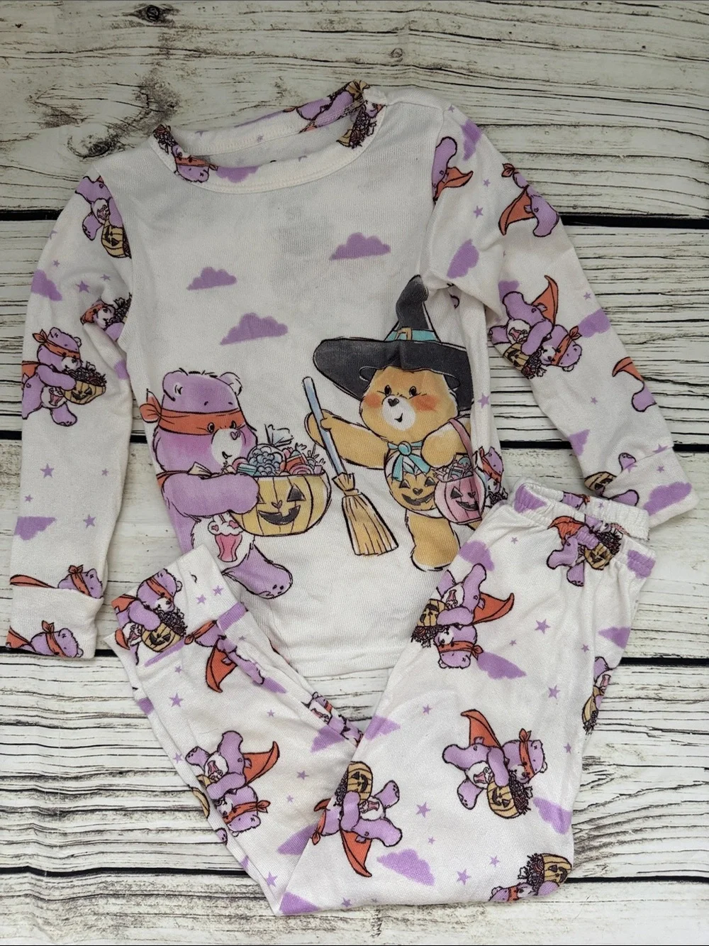 ♡ Kids Care Bears Vintage Halloween Soft Pajama Pant Set in Purple & White 5T